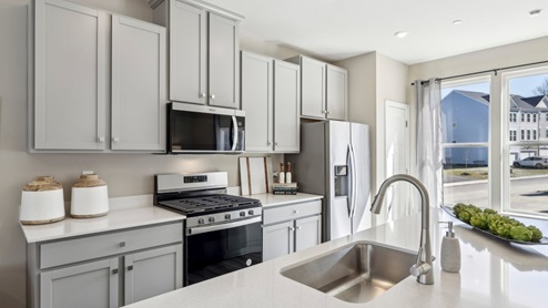 kitchen with light gray cabinets