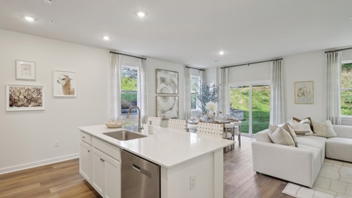 kitchen island over looking the living and dining area