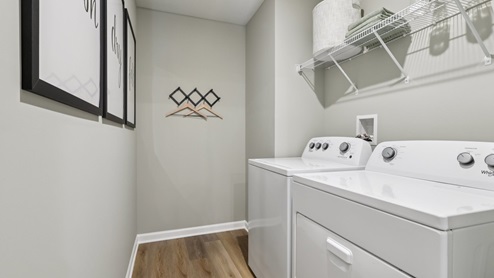 Galen laundry area with shelves
