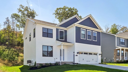 Exterior of Hadley floorplan with blue and white siding