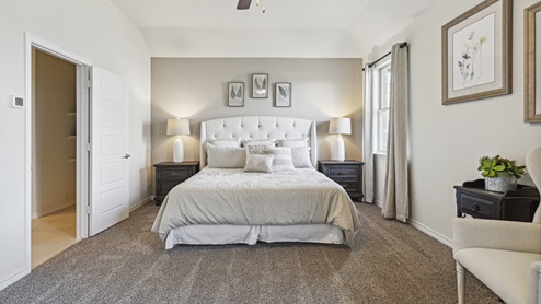 Large primary bedroom with accent wall and bedroom furniture