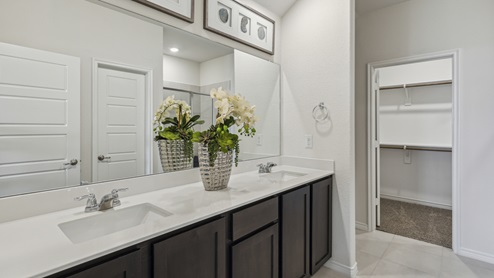 Primary bathroom elongated vanity countertop with shelving and large walk-in closet