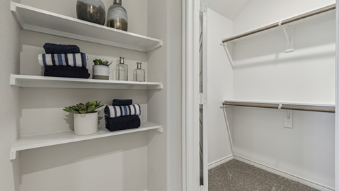 Primary bathroom with shelving and large walk-in closet