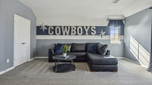 Media room with accent walls and cowboys decor and paint