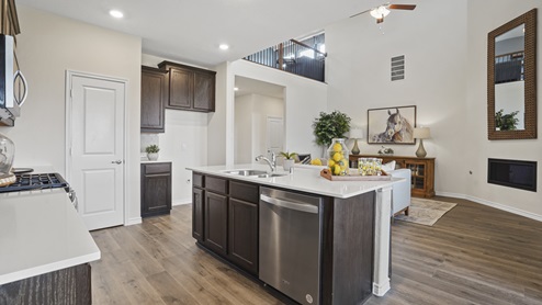 large kitchen overlooking living room