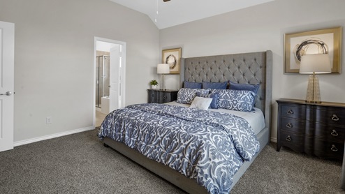large primary bedroom with bed and furniture with door to bathroom