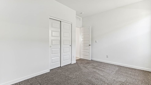 Comfortable guest bedroom featuring neutral-toned walls, carpeted flooring, and a large closet.
