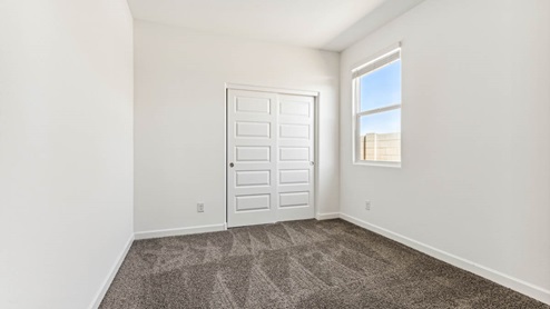 Comfortable guest bedroom featuring neutral-toned walls, carpeted flooring, and a large closet.