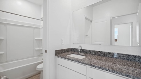 Guest bath with separate shower and toilet area. Along with granite countertops on vanity.