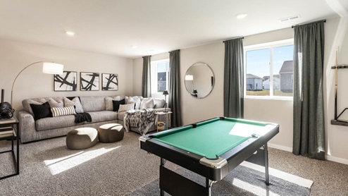 Finished basement recreation area with a cozy sectional, pool table , and sliding glass door to the back yard