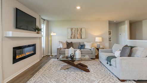 Living room with mounted tv and electric fireplace