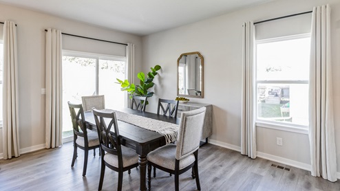Dining area next to sliding glass doors and dark wood dining table