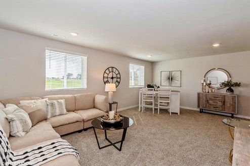 finished basement with couches and windows