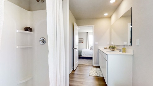 primary bathroom in the emerson with walk-in shower dual sinks located off the primary bed