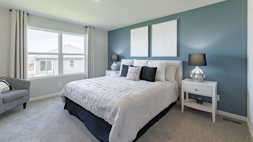 Overview of masterbedroom in Hamilton with large window and blue accent wall