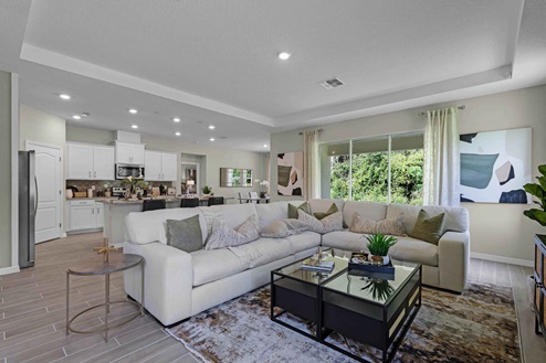 Open concept living area with couch seating overseeing kitchen.
