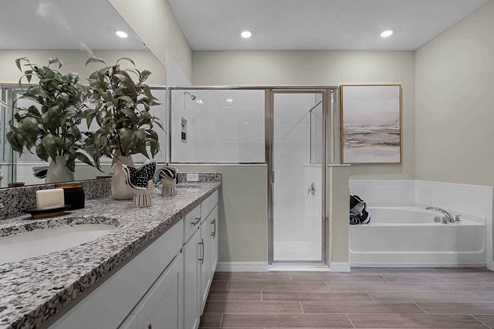 Modern bathroom with double vanity, large wall mirror, cabinets and granite countertops, bathtub and walk-in shower.