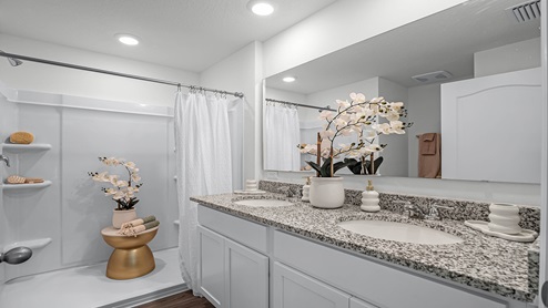 Modern bathroom with double vanity, large wall mirror, cabinets and granite countertops and walk-in shower.
