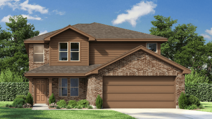Two story home with brick, covered patio and two car garage