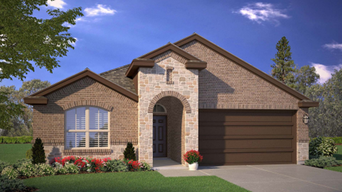 Single- story home with brick, stone, covered patio and two car garage