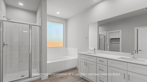 primary bathroom with walk-in shower, soaker tub and dual sink with vanity