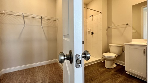 Walk-in shower with vanity and toilet.