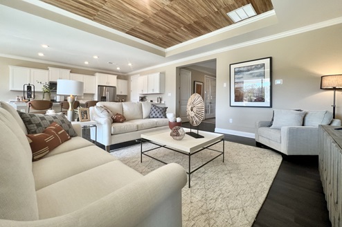 Large open-concept living room with tray ceiling.
