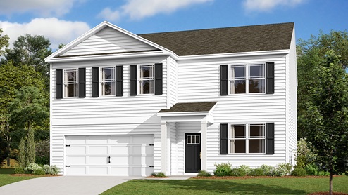 Exterior rendering of a Hayden home with white siding and black shutters.