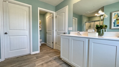 There is plenty of room in this primary bathroom with a double-bowl vanity.