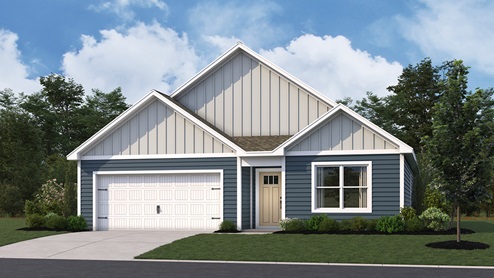 A rendering of a Cali ranch home with blue siding.