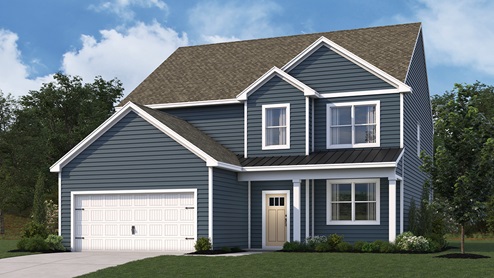 A rendering of an Ellerbe two-story home with blue siding.