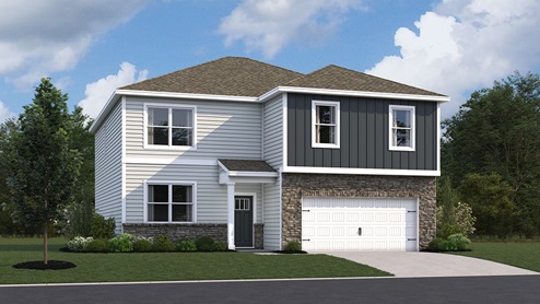 A rendering of a two-story Henley home with white and gray siding.