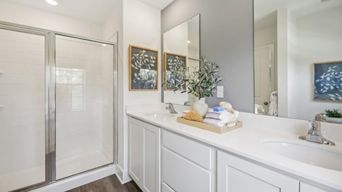 columbus townhome third floor primary bedroom large vanity with shower
