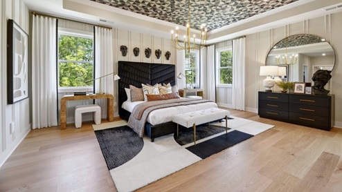 master bedroom with tray ceiling