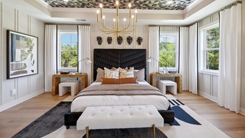 master bedroom with tray ceiling