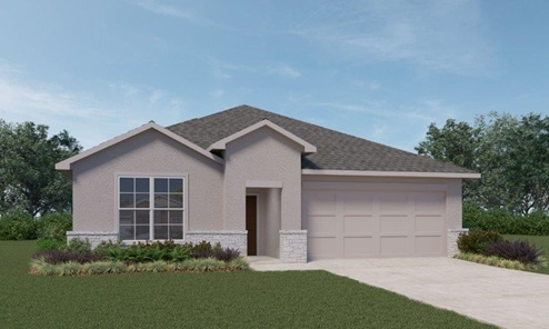 Bulverde Texas DR Horton Homes Copper Canyon Irvine floor plan 1796 square feet one story New Construction Homes Community stucco and stone exterior render 2 car garage