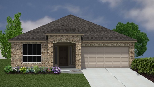 Bulverde Texas DR Horton Homes Copper Canyon Driftwood floor plan 2050 square feet one story New Construction Homes Community brick exterior render 2 car garage