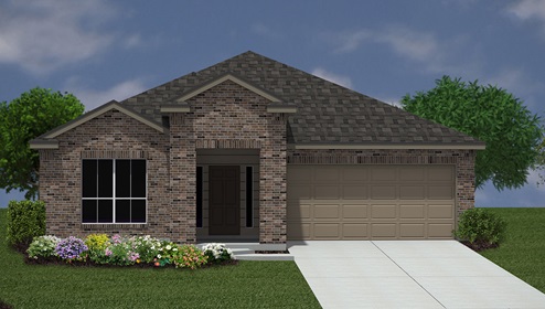 Bulverde Texas DR Horton Homes Copper Canyon Driftwood floor plan 2050 square feet one story New Construction Homes Community brick exterior render 2 car garage