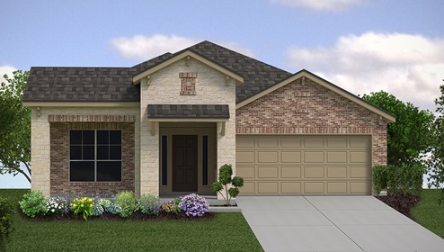 Bulverde Texas DR Horton Homes Copper Canyon Driftwood floor plan 2050 square feet one story New Construction Homes Community brick and stone exterior render 2 car garage