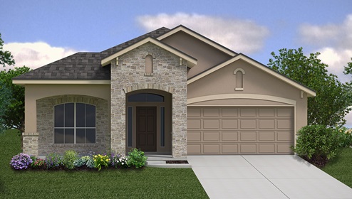 Bulverde Texas DR Horton Homes Copper Canyon Driftwood floor plan 2050 square feet one story New Construction Homes Community stucco and stone exterior render 2 car garage