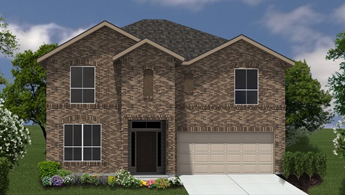 Bulverde Texas DR Horton Homes Copper Canyon Spicewood floor plan 2213 square feet two story New Construction Homes Community brick exterior rendering 2 car garage