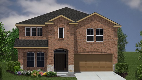 Bulverde Texas DR Horton Homes Copper Canyon Spicewood floor plan 2213 square feet two story New Construction Homes Community brick and stone exterior rendering 2 car garage