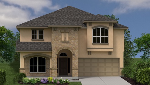 Bulverde Texas DR Horton Homes Copper Canyon Spicewood floor plan 2213 square feet two story New Construction Homes Community stucco and stone exterior rendering 2 car garage