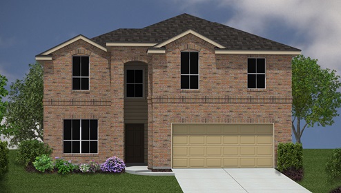 Bulverde Texas DR Horton Homes Copper Canyon Stonewall floor plan 2352 square feet two story New Construction Homes Community brick exterior render with 2 car garage