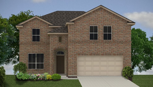 Bulverde Texas DR Horton Homes Copper Canyon Stonewall floor plan 2352 square feet two story New Construction Homes Community brick exterior render with 2 car garage