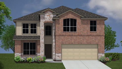 Bulverde Texas DR Horton Homes Copper Canyon Stonewall floor plan 2352 square feet two story New Construction Homes Community brick and stone exterior render with 2 car garage
