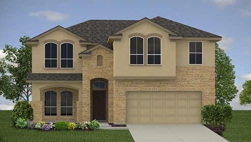 Bulverde Texas DR Horton Homes Copper Canyon Stonewall floor plan 2352 square feet two story New Construction Homes Community stucco and stone exterior render with 2 car garage