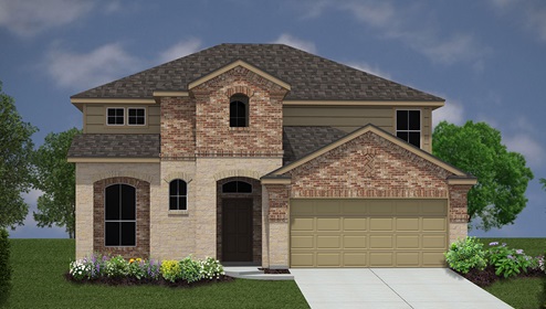 Bulverde Texas DR Horton Homes Copper Canyon Llano floor plan 2555 square feet two story New Construction Homes brick siding and stone exterior render 2 car garage