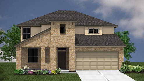 Bulverde Texas DR Horton Homes Copper Canyon Llano floor plan 2555 square feet two story New Construction Homes stucco and stone exterior render 2 car garage