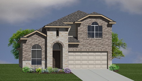 Bulverde Texas DR Horton Homes Copper Canyon The Caspian floor plan 2597 square feet two story New Construction Homes brick and stone exterior render 2 car garage